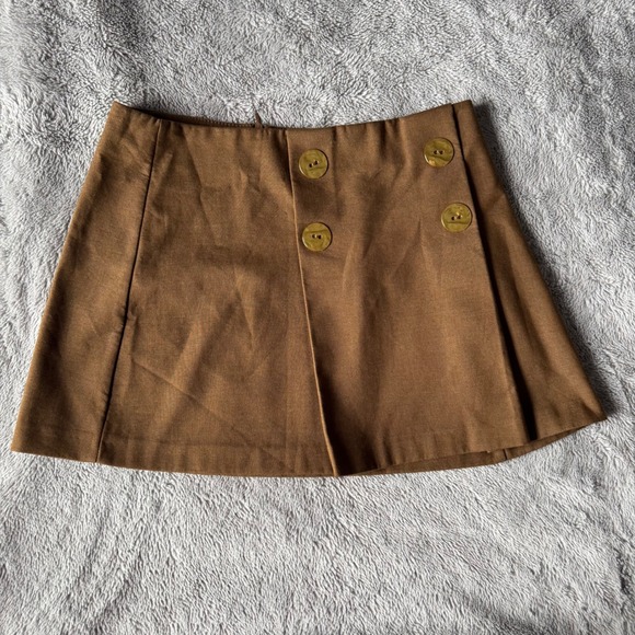 Zara Dresses & Skirts - Zara Brown Double Breasted Button Mini Skirt Size Large Camel Pleated Front